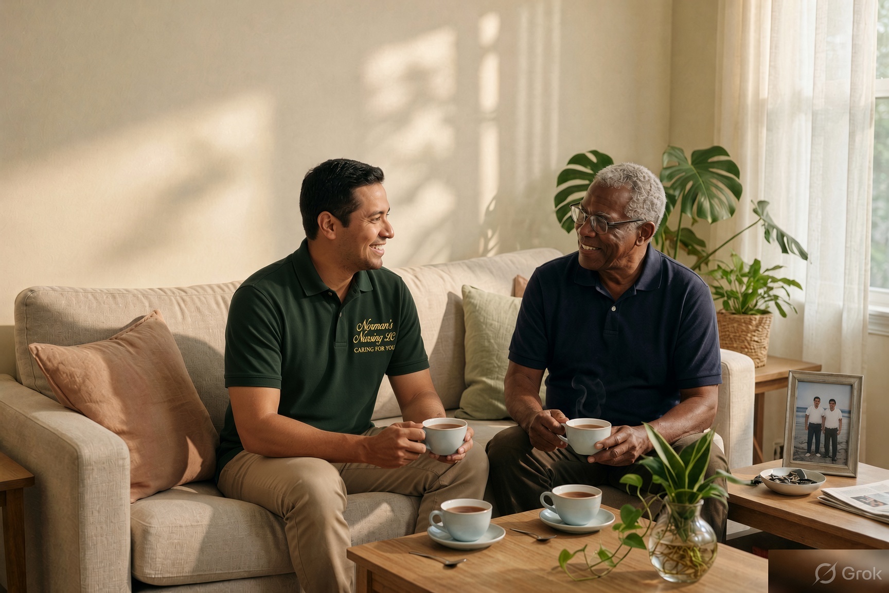 A caregiver and an older man smile together on a sofa at home.