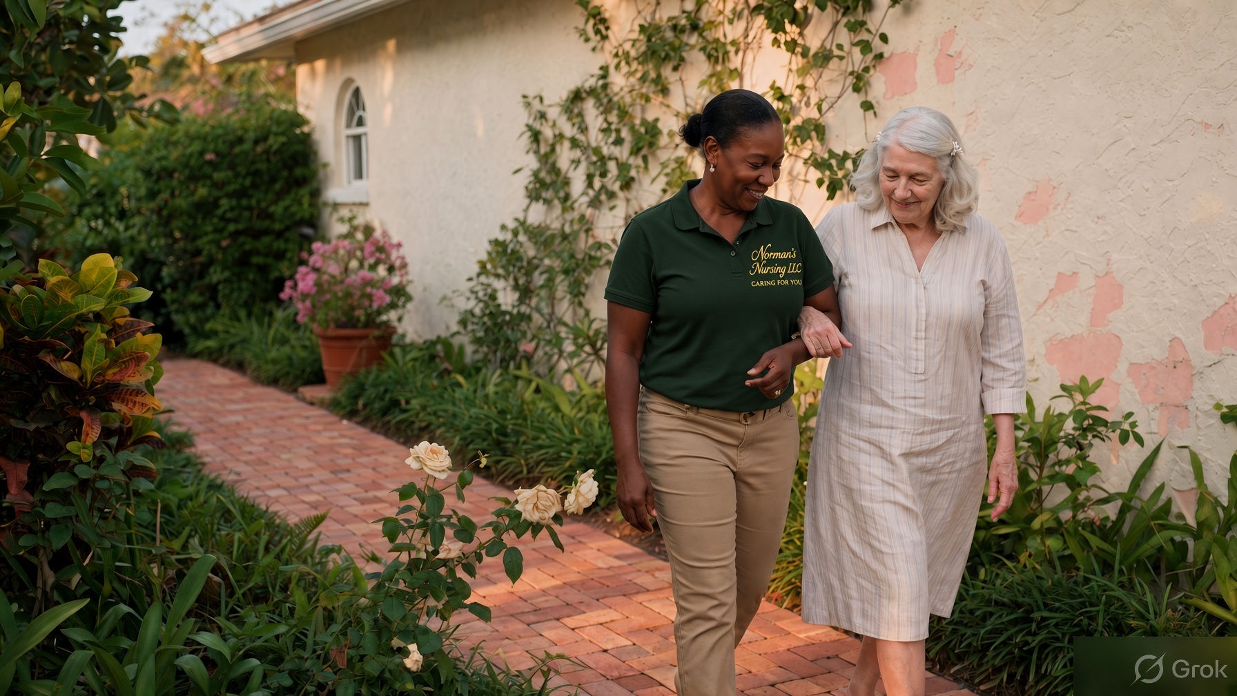 A caregiver walks arm in arm with an older woman along a garden path.