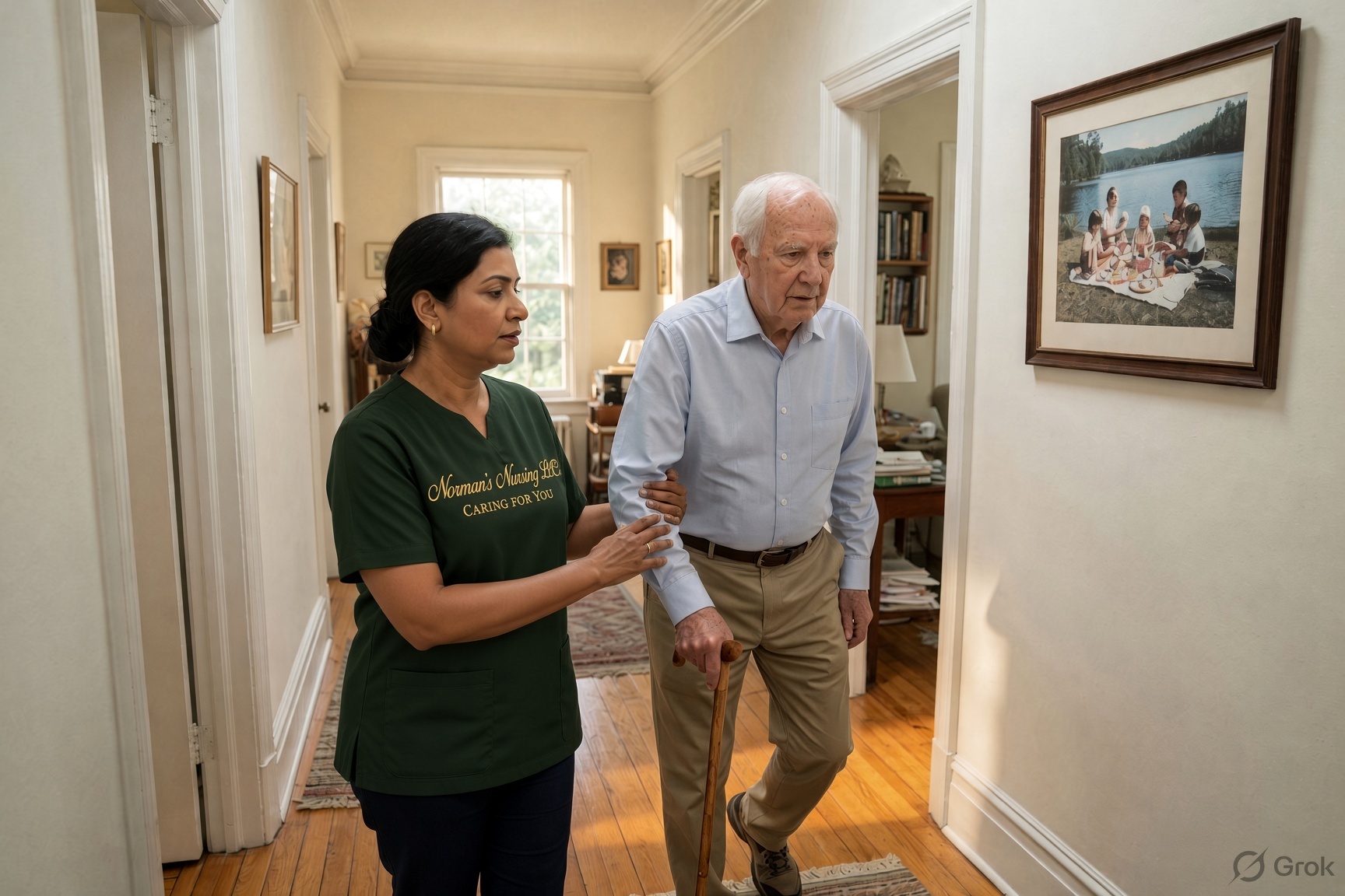 A caregiver walks beside an older man who is using a cane.